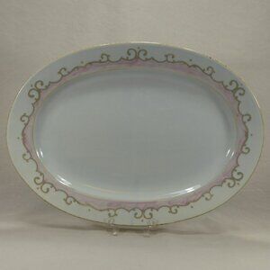 Real Portugal Oval Serving Platter Tray 14" Light Blue Pink Watercolor Scroll